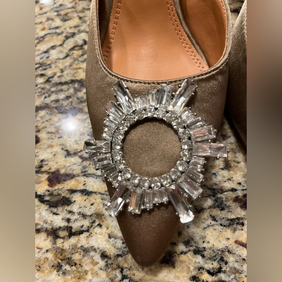 Luxury Designer-look-alike Satin, Crystal Slingback Spool Heel in Bronze, sz 7.5 - Picture 2 of 6